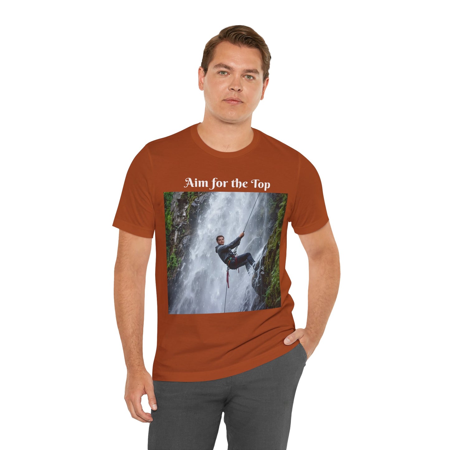 Customizable Cotton Adventure T-Shirt - "Aim for the Top" With Your Face on the T-Shirt