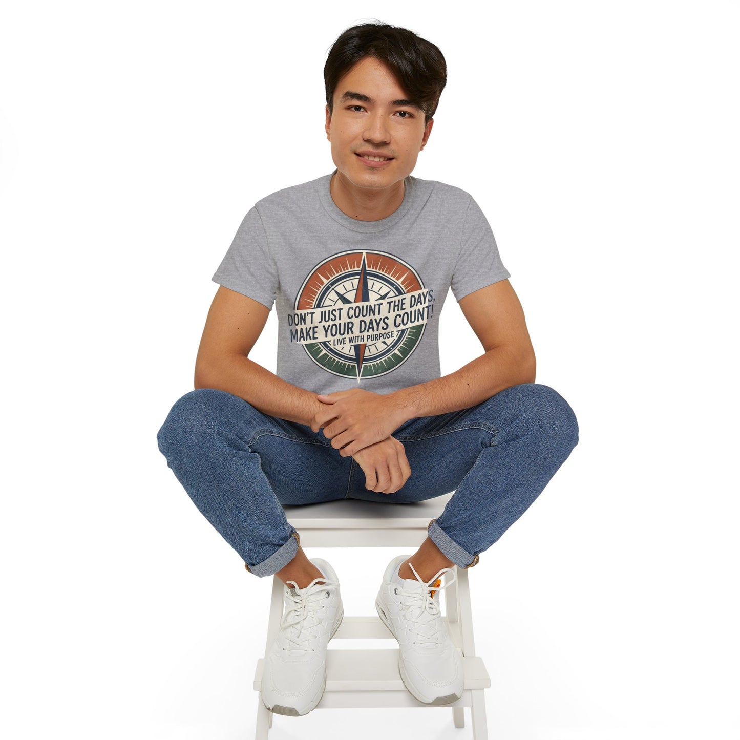 Kompass Grafik-T-Shirt – „Zähl nicht einfach die Tage, sondern mach die Tage zählbar“ Motivations-T-Shirt