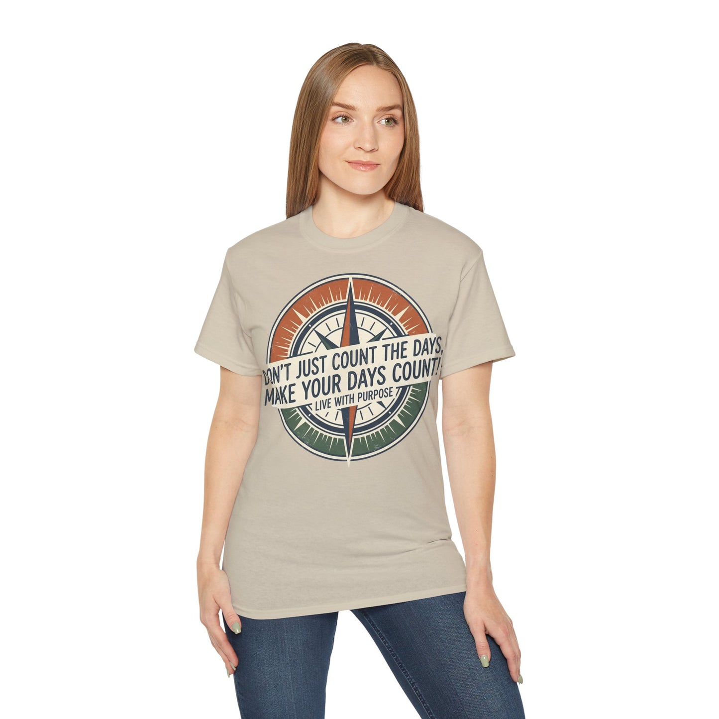 Kompass Grafik-T-Shirt – „Zähl nicht einfach die Tage, sondern mach die Tage zählbar“ Motivations-T-Shirt