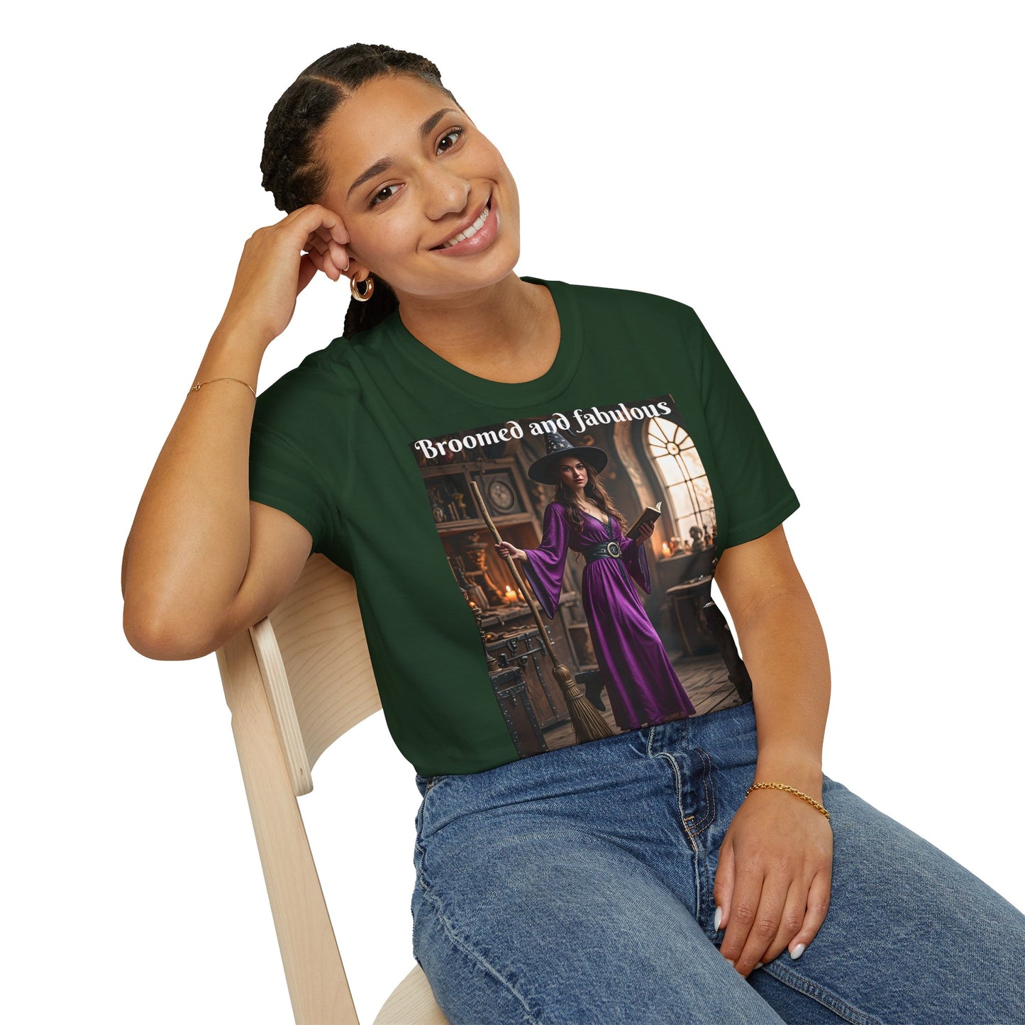 Customizable Woman Cotton Softstyle Halloween T-Shirt - Broomed and Fabulous Halloween Outfit