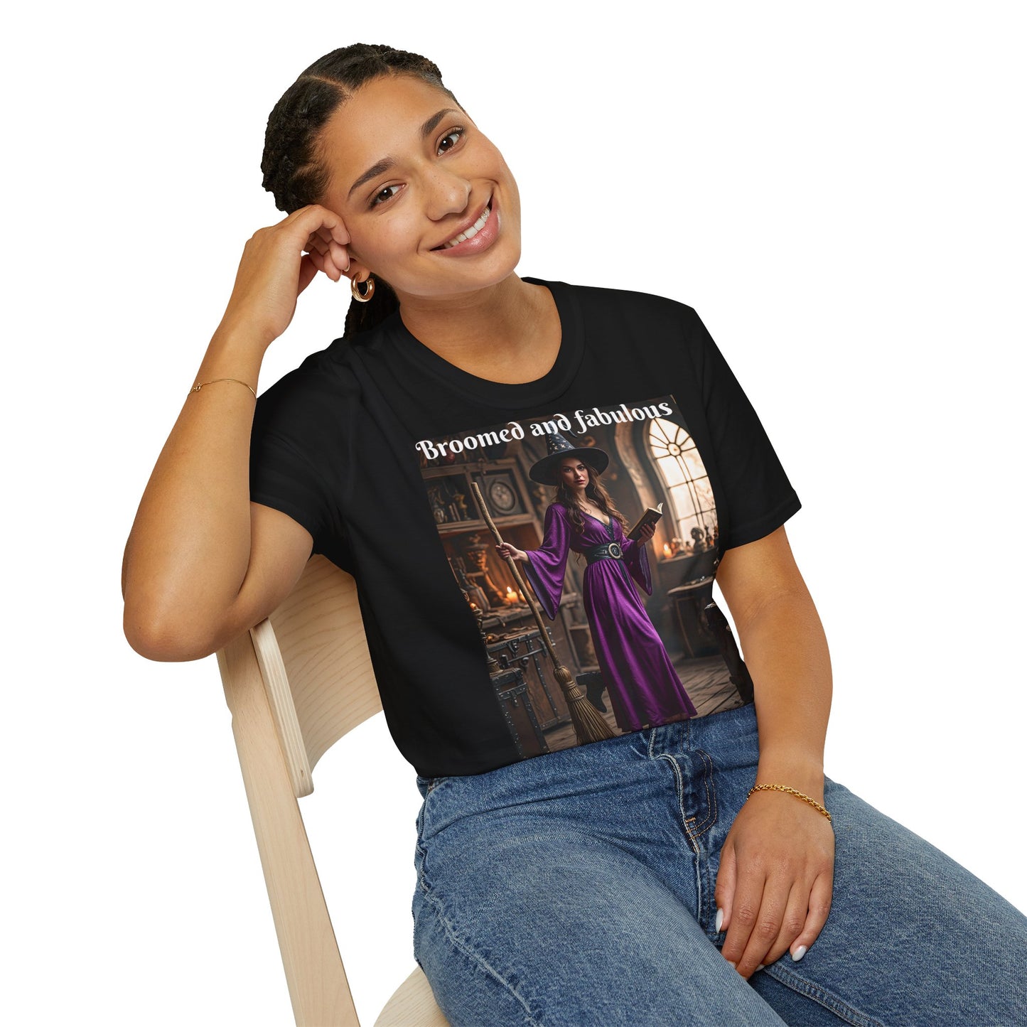 Customizable Woman Cotton Softstyle Halloween T-Shirt - Broomed and Fabulous Halloween Outfit